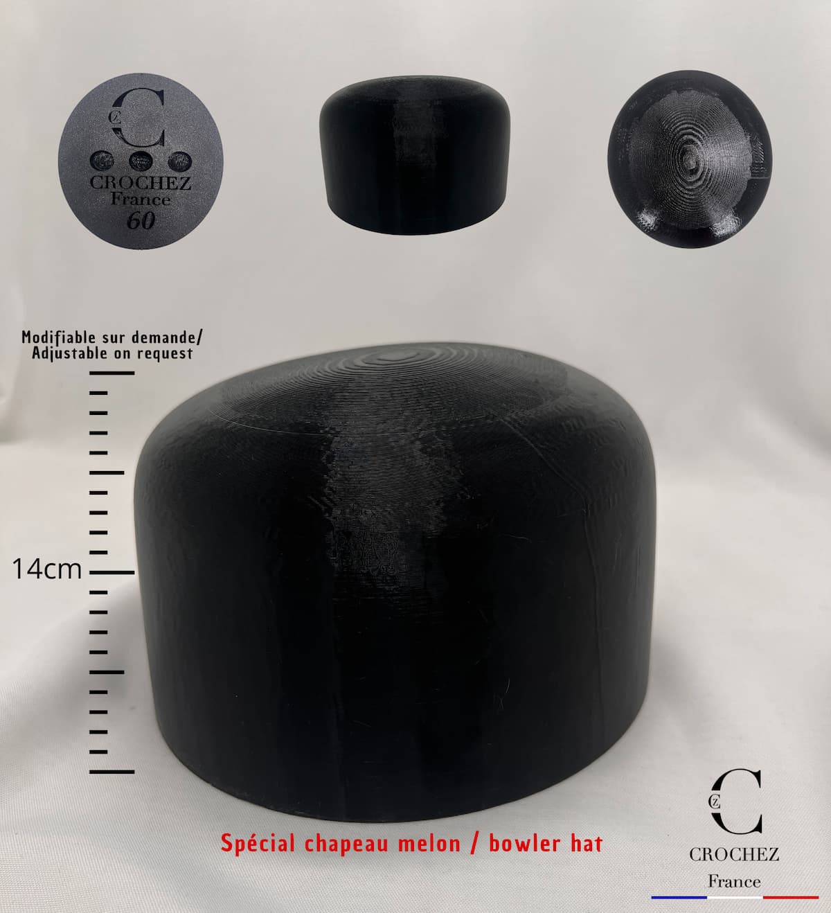Forme à chapeau melon, outil du chapelier, crochez, vue générale